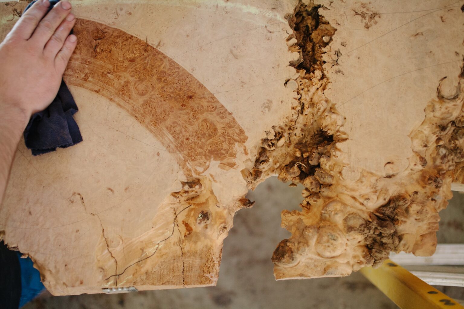 Detail of a hand working along the grain of a piece of wood at the EricksonWoodWorking® workshop.
